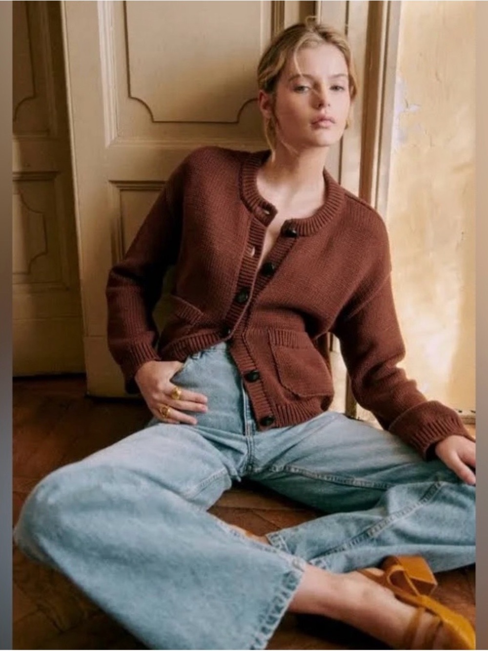 Sezane Titouan Organic Cotton Cardigan Sweater in Chocolate Medium